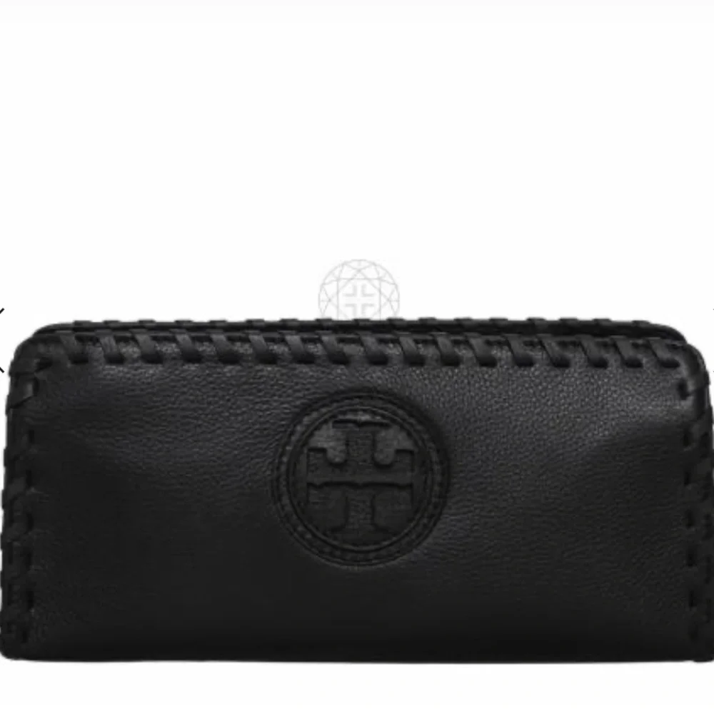 Tory Burch Black Leather Zip-Around Wallet with Whipstitch Detail